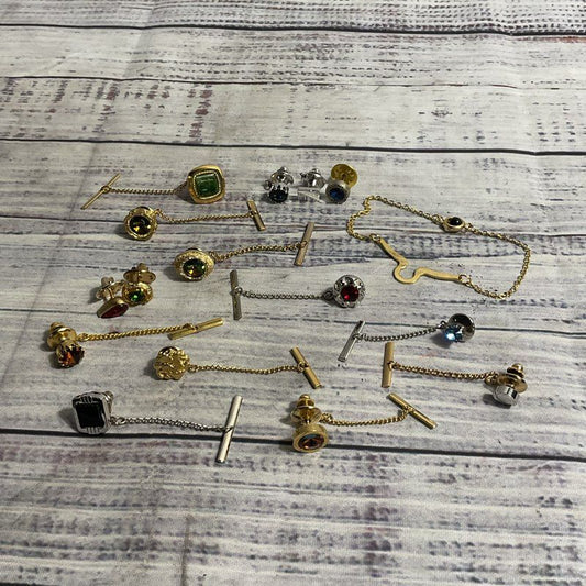 16 pc. Mixed Lot Men's Tie Pins/Chains Metal Costume Jewelry *READ DESC*