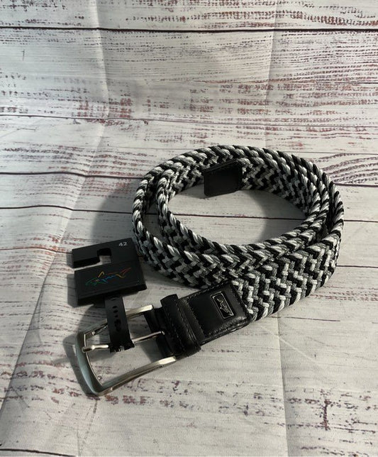 NEW Greg Norman Knit Braided Black & White Genuine Leather Tab Belt Size 42