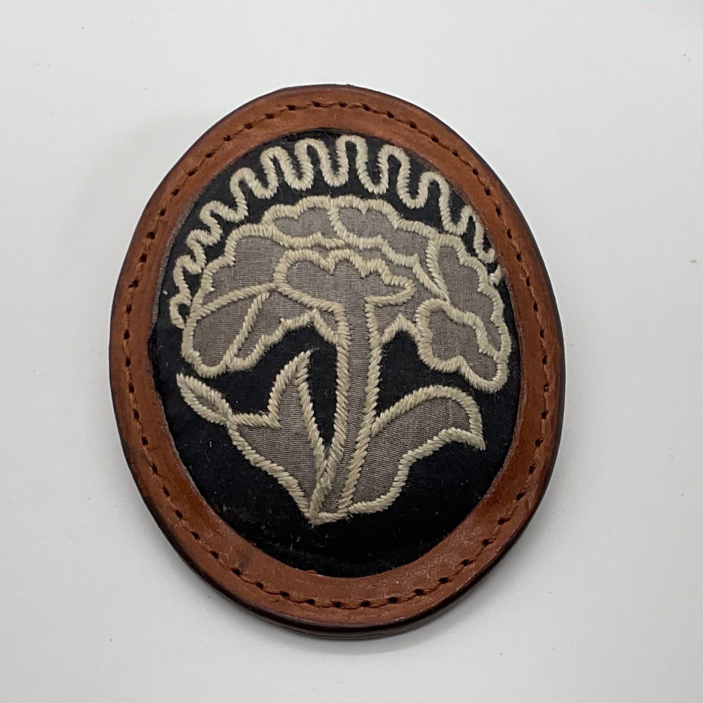 VTG./ANTIQUE Embroidered Leather Brooch/Pin- 3"