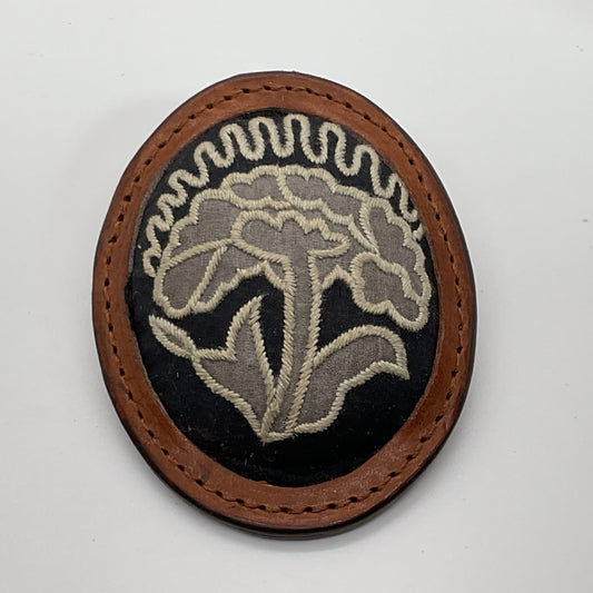 VTG./ANTIQUE Embroidered Leather Brooch/Pin- 3"