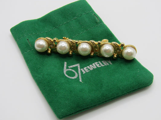 67 Jewelry Gold Plated Faux Pearl Rhinestone Accent Bar Brooch Pin