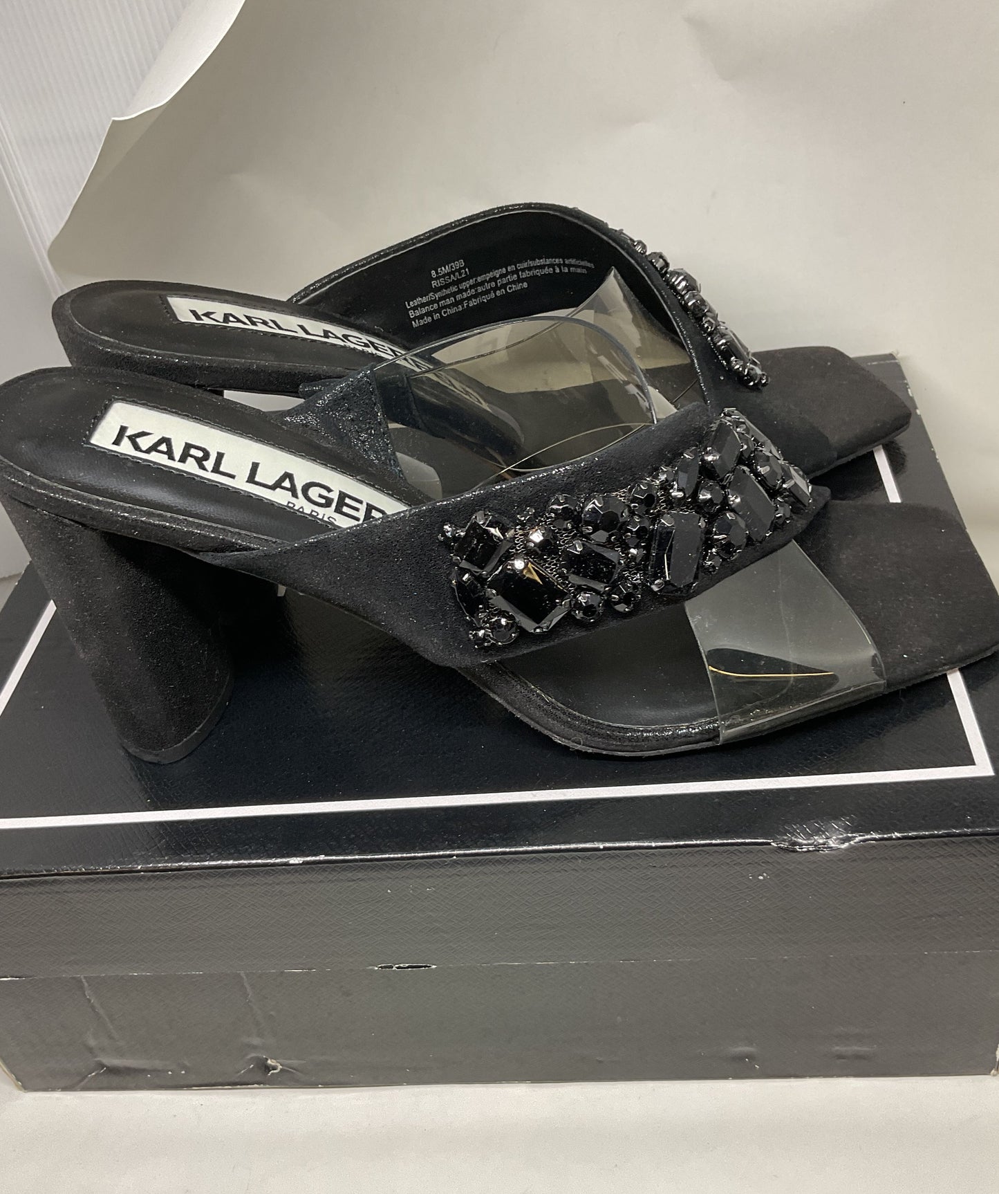 Karl Lagerfeld Rissa Black Slide Heels Sandal Women 9 Beaded