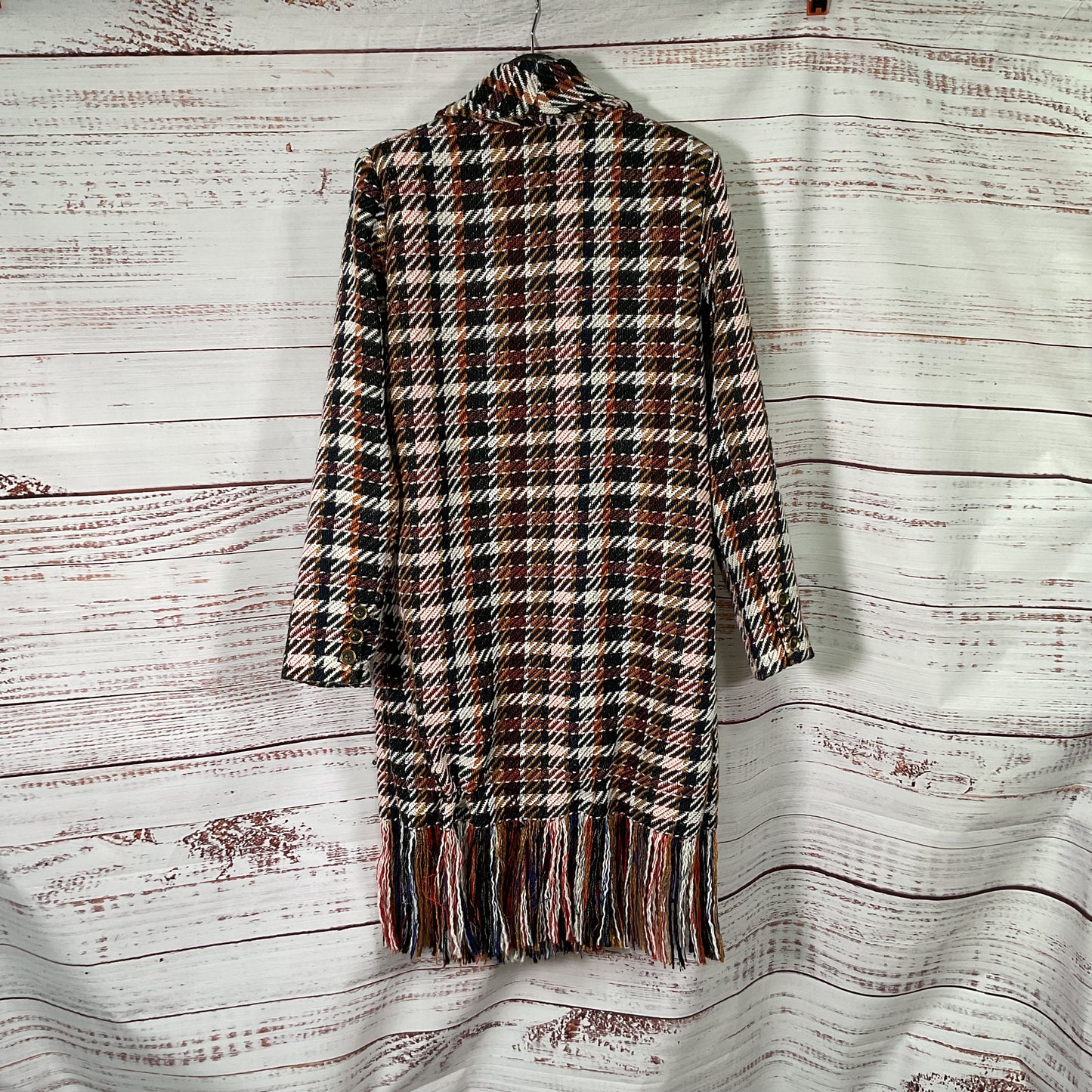 Cabi Regency Multicolor Plaid Fringe Wool Blend Coat - Size M