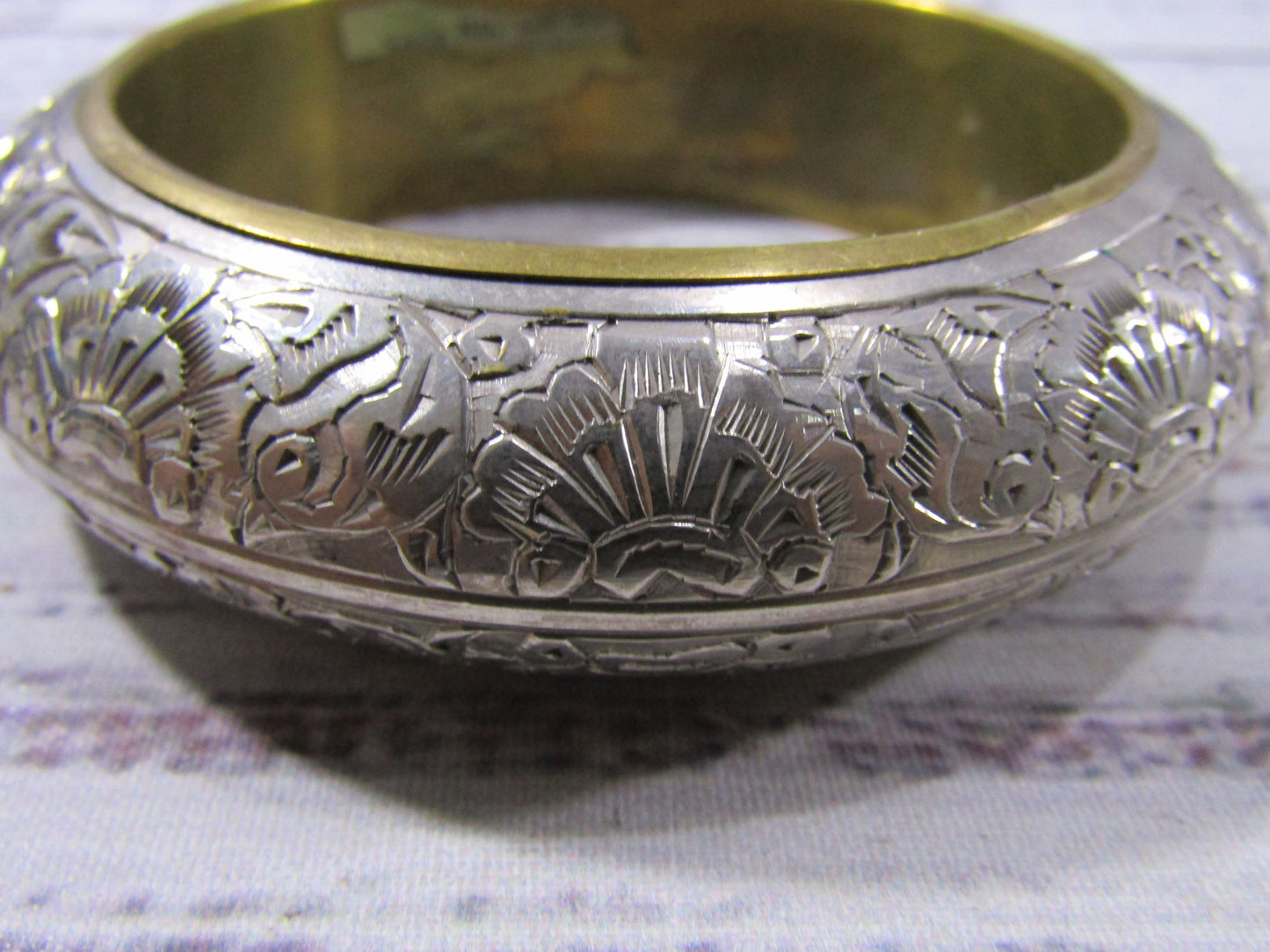 Vintage Handcrafted Floral Etched Silver Plated Brass Bangle Bracelet