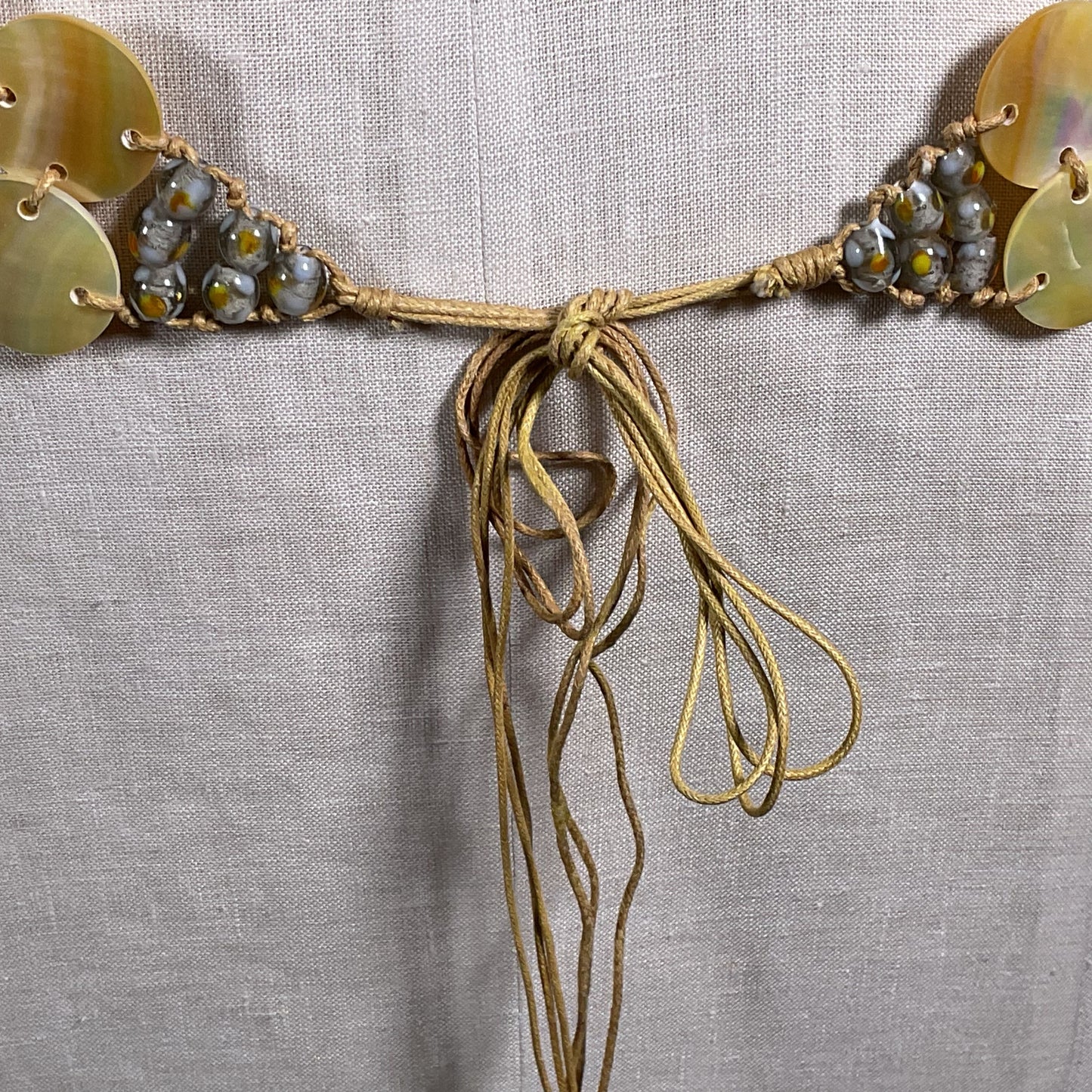 VTG. Mother of Pearl Shell Disc Adjustable Boho Braided Cord Belt- 60"
