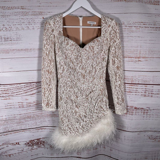Nadine Merabi Carly White Sequin Feather Trim Long Sleeve Mini Dress - Size 4