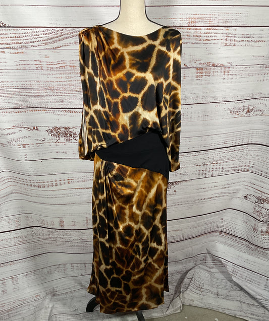 Roberto Cavalli Giraffe Chine Print Draped Dress Brown 50