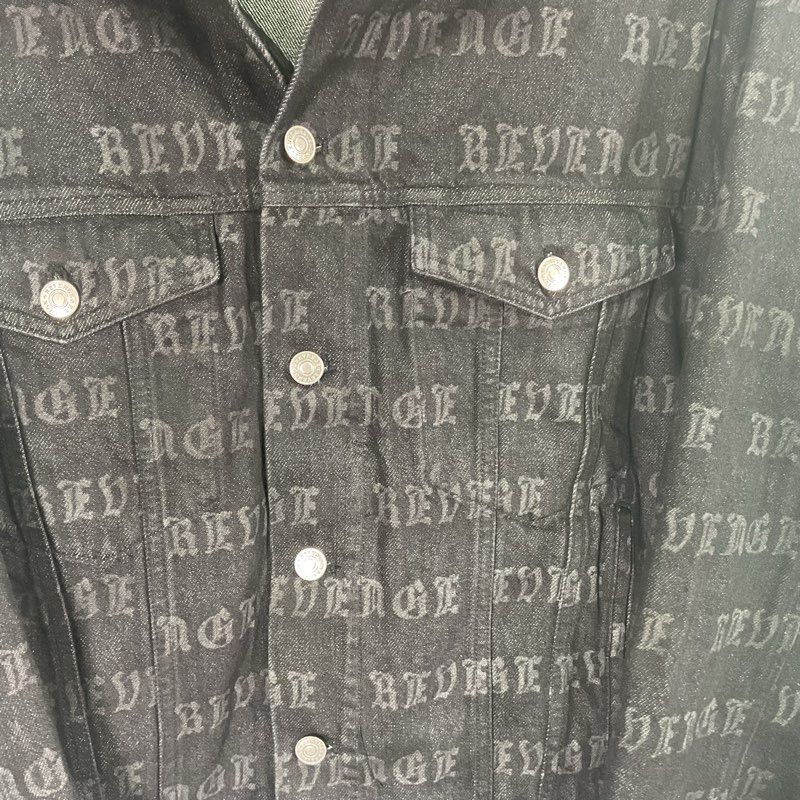 Revenge All Over Logo Print Black Denim Gothic Emo Streetwear Jacket - Size XL