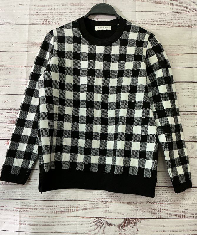 Women's Sandro Paris Black and White Checkered Crewneck Sweater Size M
