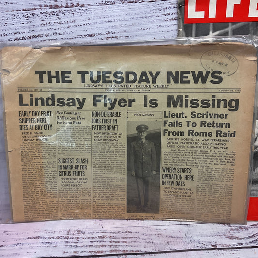 Lindsay Tulare County Newspaper Missing Pilot Life Magazine August 1943 WW2