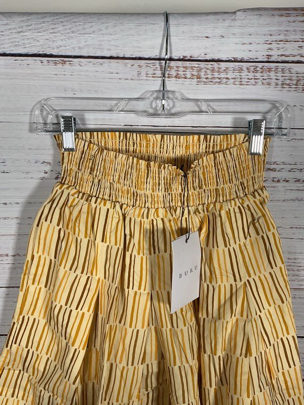 NWT Women's Buru Yellow Brown Smocked Mini Skirt Matchstick