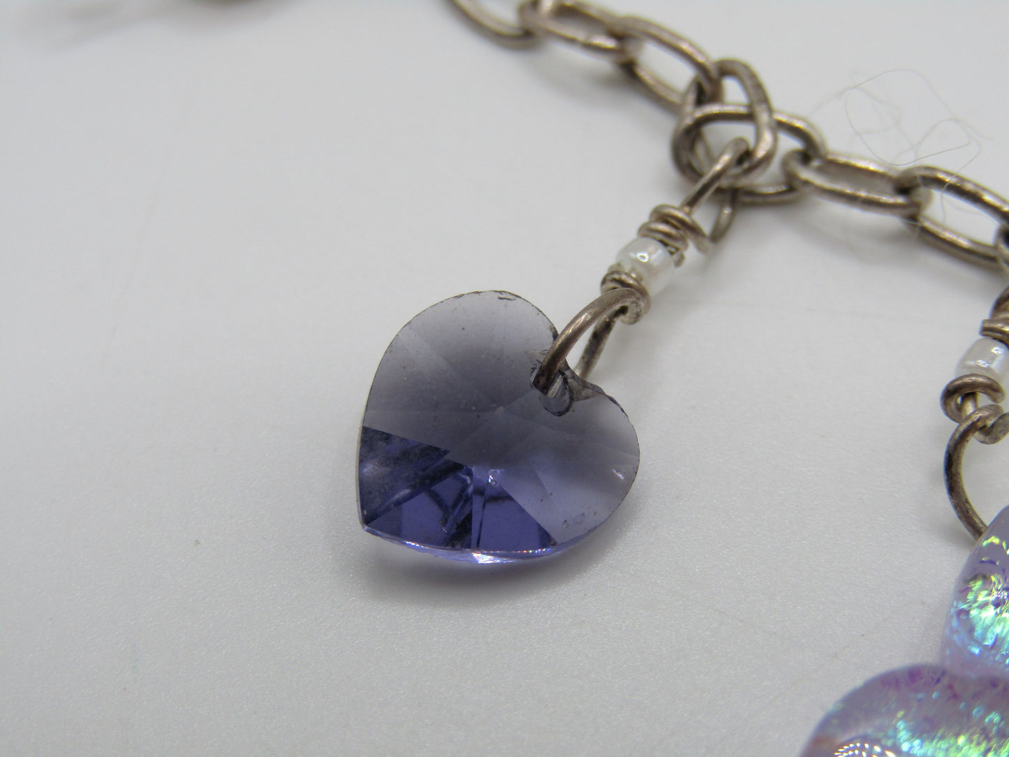 Artisan Handcrafted Sterling Silver Dichroic Glass Heart Charm Bracelet