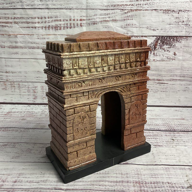 Handmade Indian Soapstone Arc De Triomph 7" Model On Black Stand