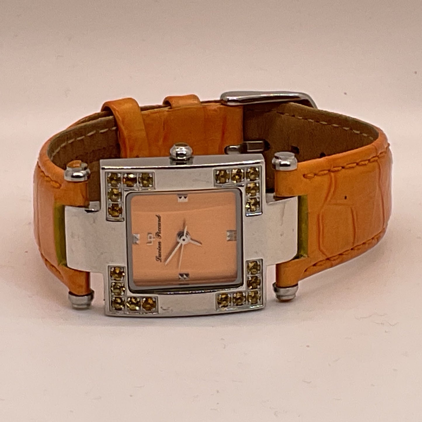 LUCIEN PICCARD Women's Square Stainless Rhinestone Orange Leather Band Watch
