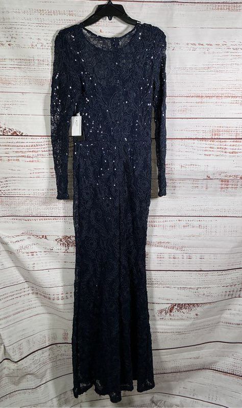 NWT Betsy & Adam Navy Blue Mesh Sequined Dress with embroidered design Size 6
