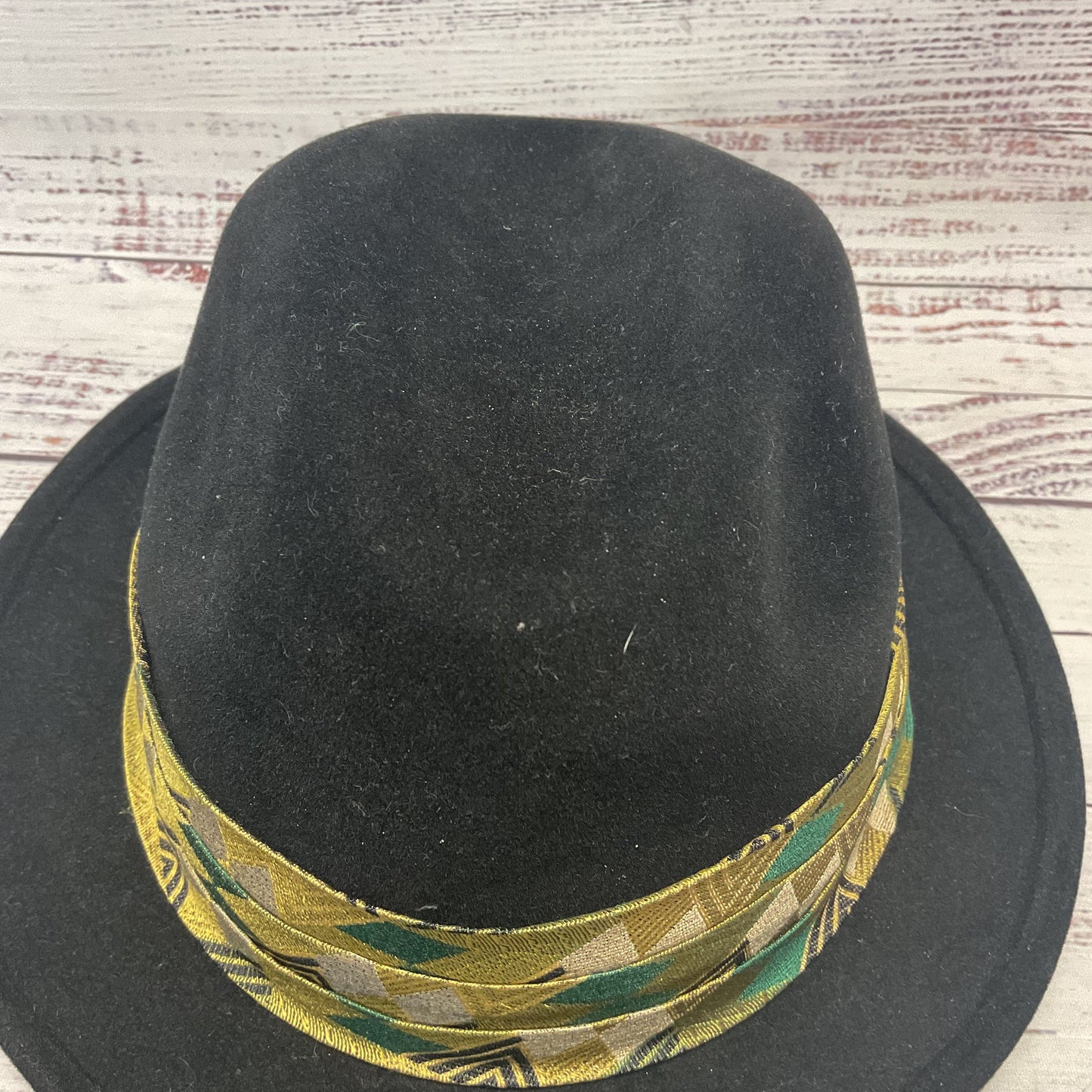 Louise Green Black Fedora Yellow Jacquard Band Hat - Size S