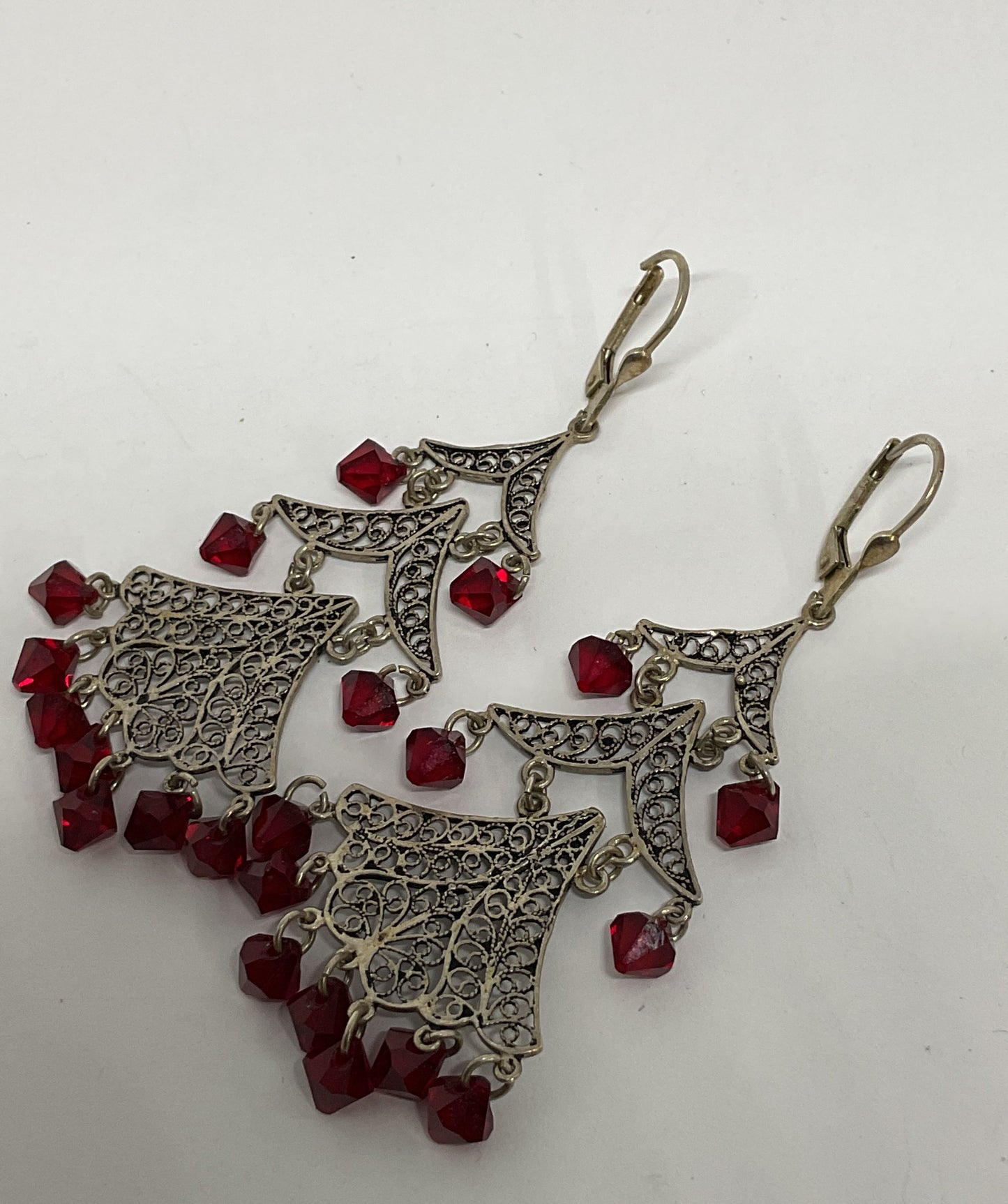 Sterling Silver Vintage Filigree Drop Earrings with Res Stones