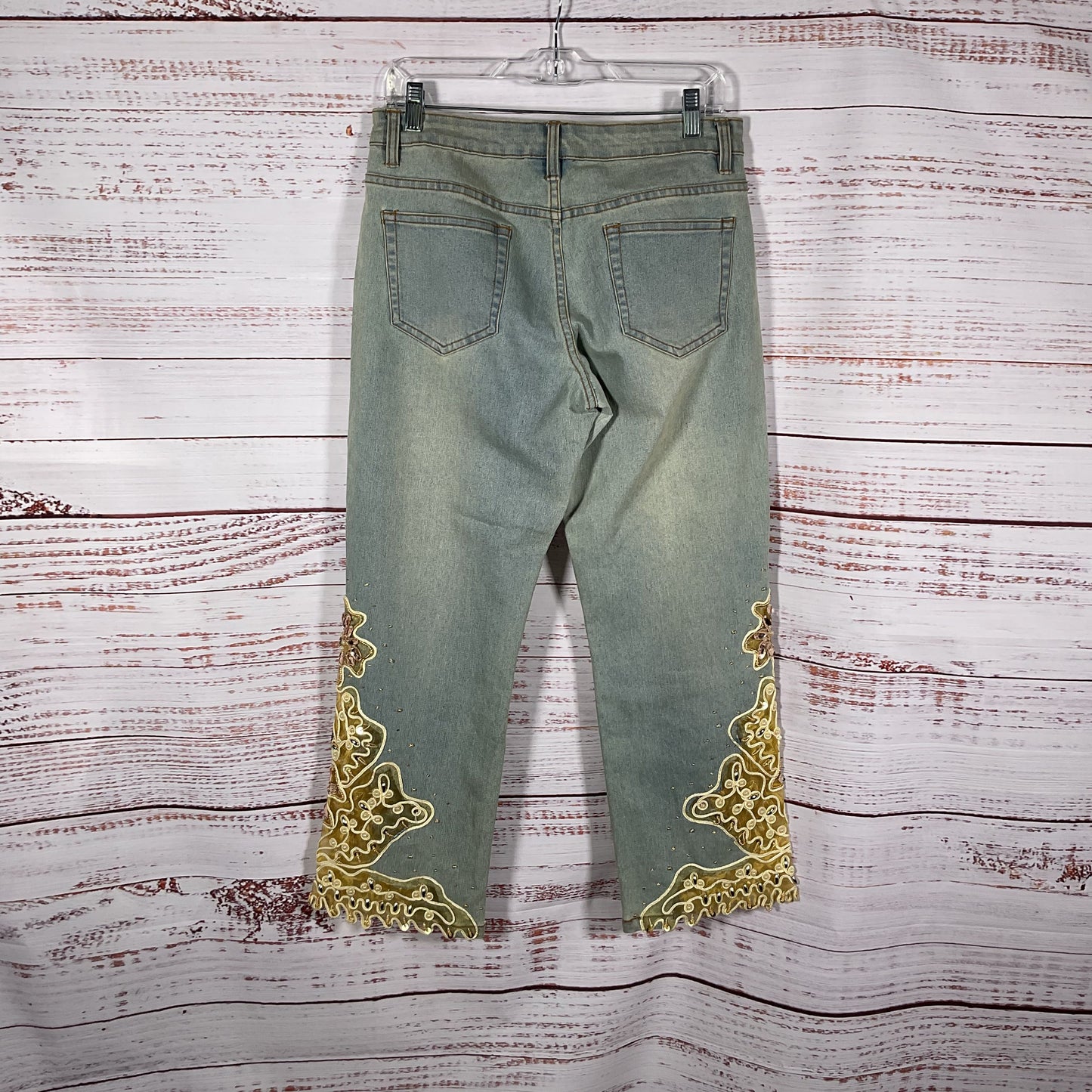 A.Z.I. Yellow Beaded Mesh Sheer Cuff Jeans Pants - Size 6