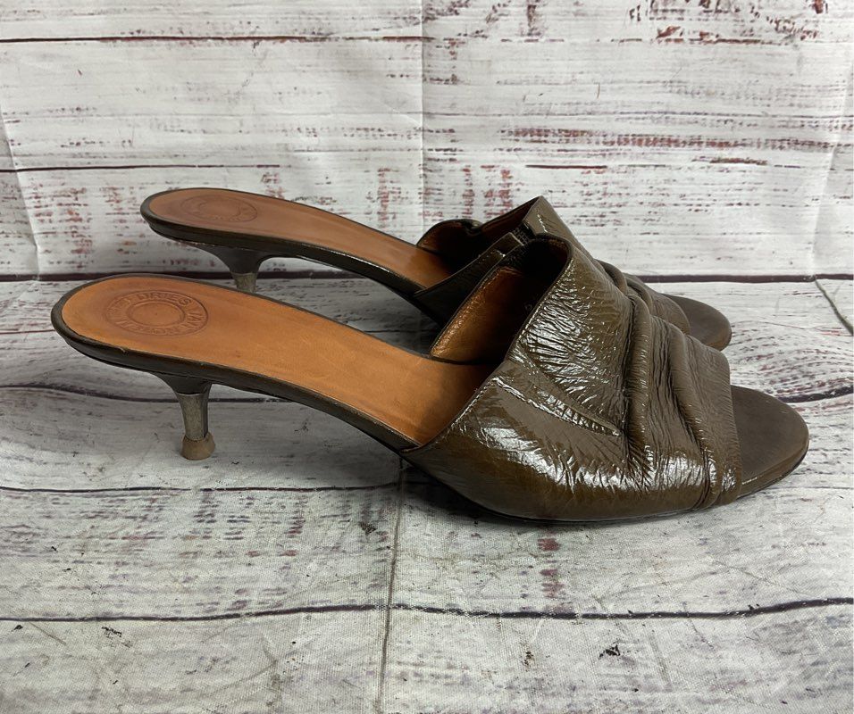 Dries Van Noten Leather Peep Toe Kitten Heels Olive Green 36.5