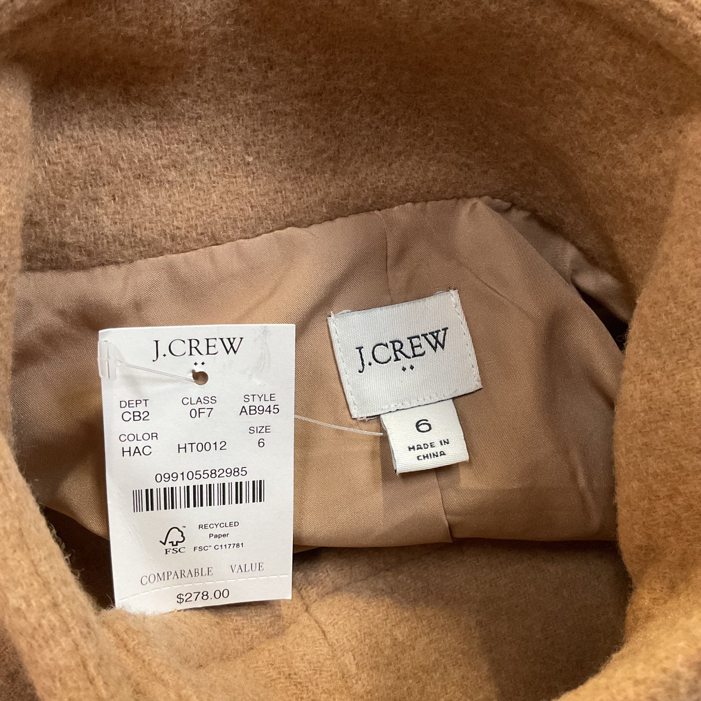 NWT J.CREW Women's Tan Wool Blend Funnel Neck Full Zip Coat- SZ 6