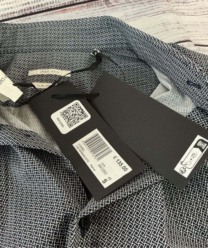 Men's IKKS Blue Print Slim Stretch Shirt Size S Retail $135