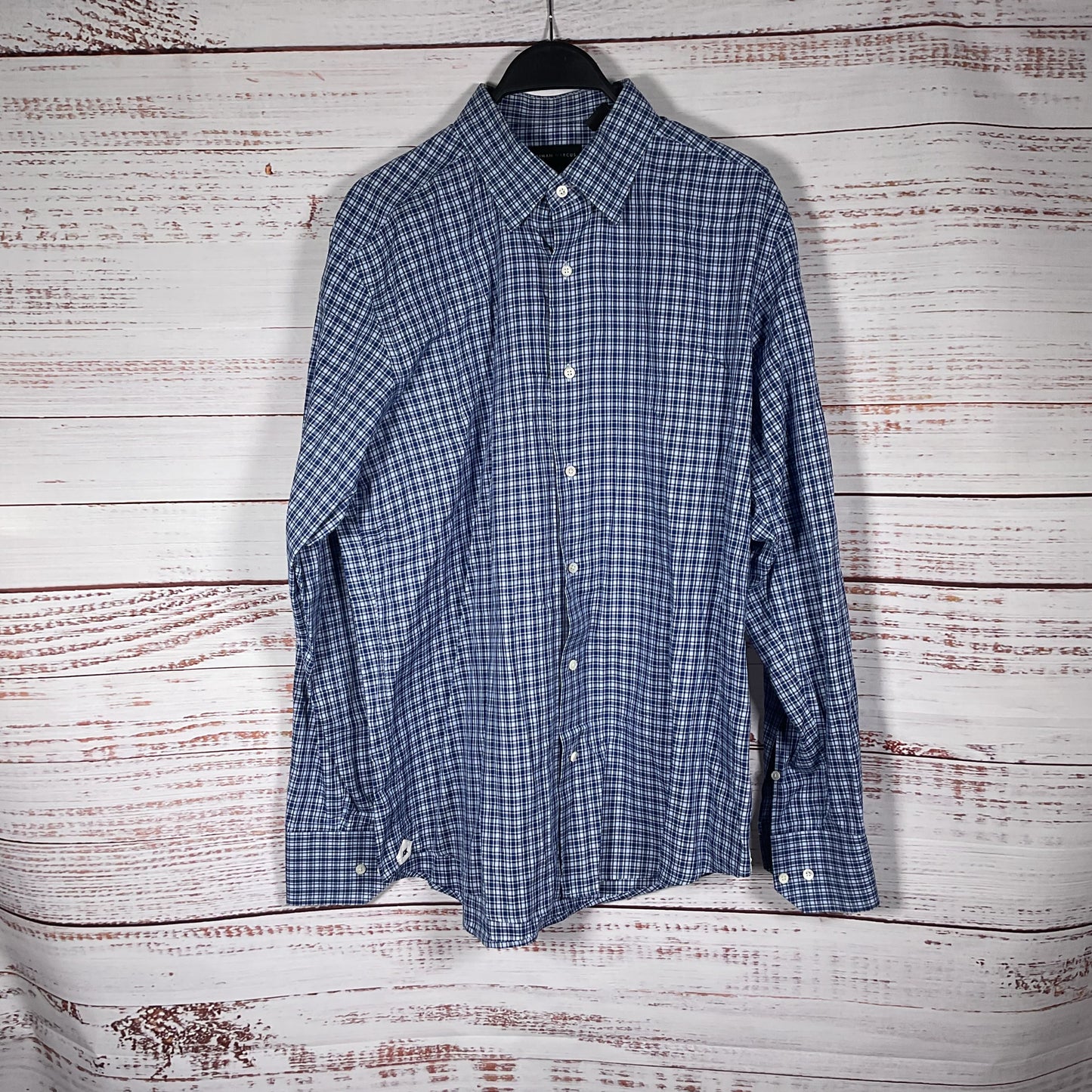 Neiman Marcus Blue White Plaid Button Down Long Sleeve Dress Shirt - Size L