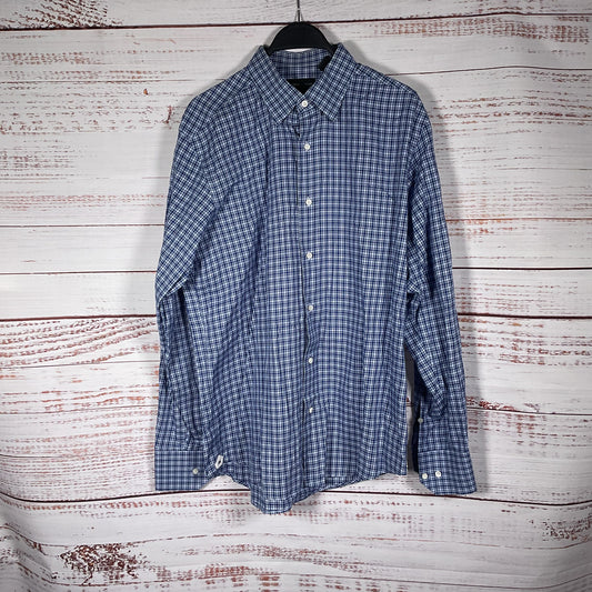 Neiman Marcus Blue White Plaid Button Down Long Sleeve Dress Shirt - Size L