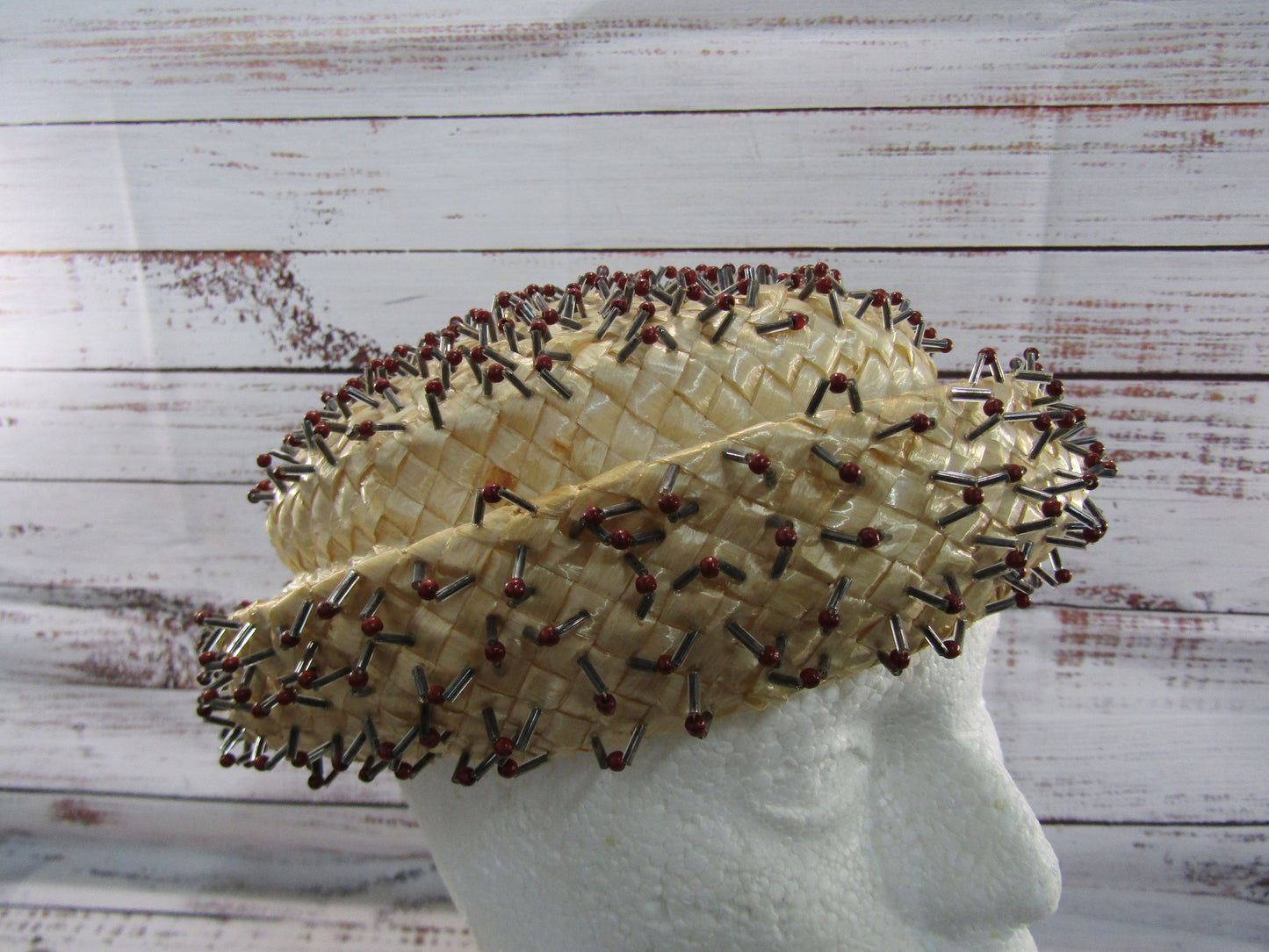 1950's Gertrude Sheedy for Pinehurst Women's Woven Beaded Straw Hat