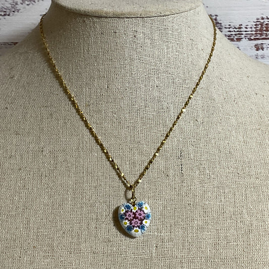 14K Yellow Gold & Millefiori Heart Pendant 16" Chain Necklace- 6.42g