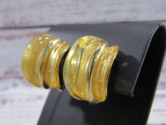 Vintage Kenneth Jay Lane Chunky Gold Plated Lucite Clip-On Earrings