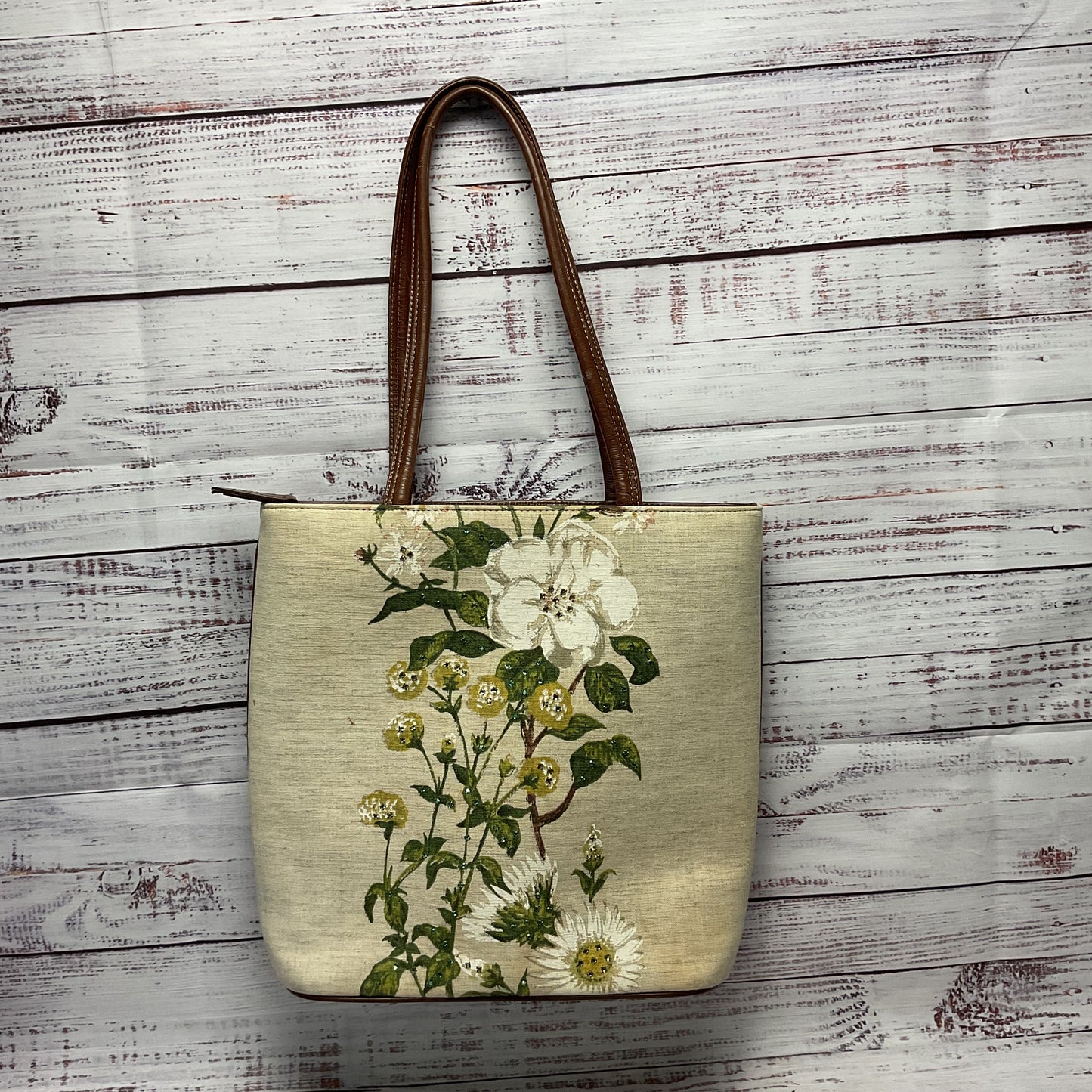 Isabella Fiore Floral Print Rhinestone Canvas Leather Tote Purse 11"x4"x11"