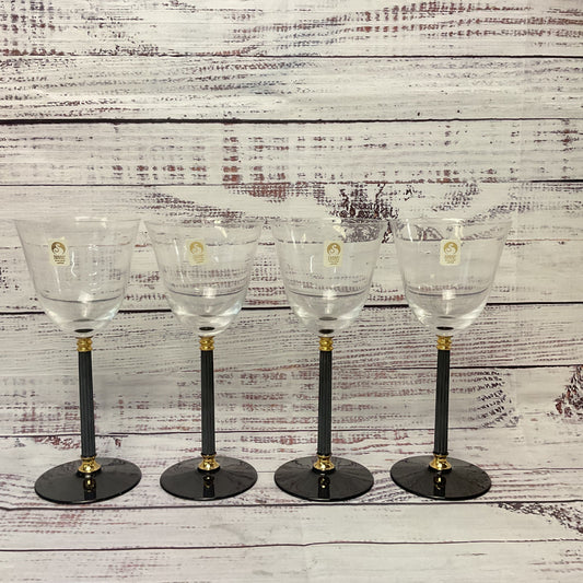 Sasaki Water/wine Glasses Black Stem Base Gold Accents Set Of 4 3/3