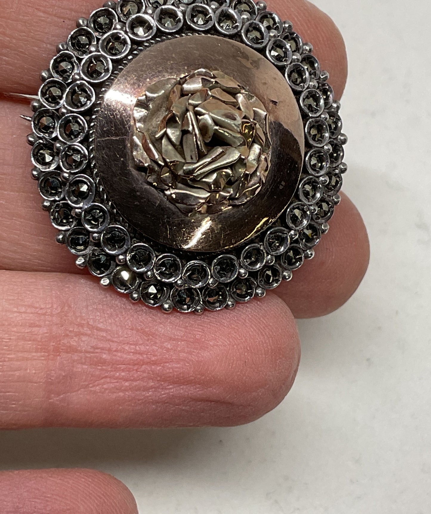 900 Sterling Silver Brooch with Copper & 9K Gold Accent