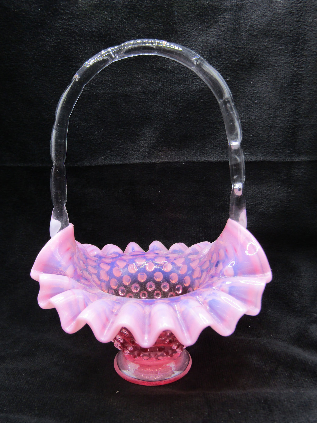 Vintage Hand Blown Pink Studded Glass Basket Figurine