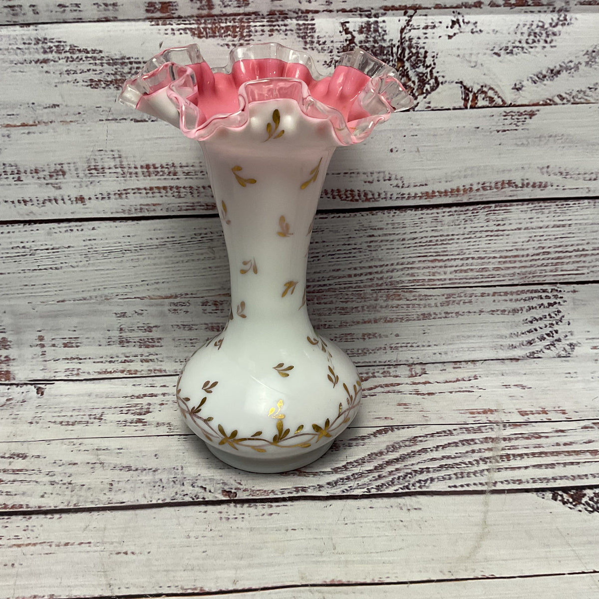 Fenton Hand Painted Pink Floral Flower Roses Milk Glass Clear Ruffled Rim 8"