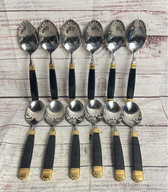 Laslo Mikasa Continental Set of 12 Stainless Steel Big Spoons Black Gold