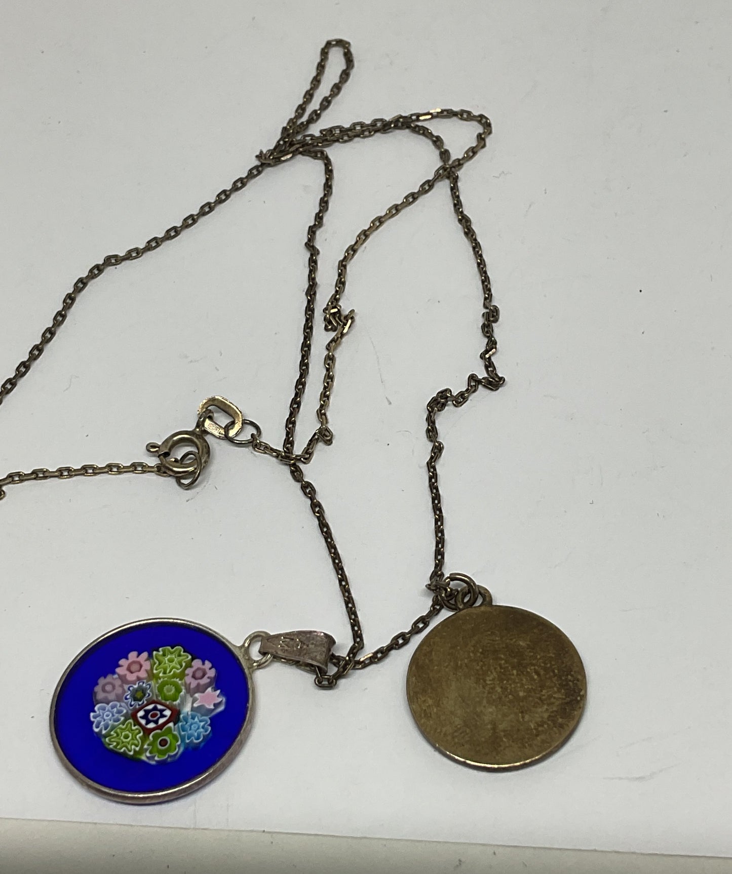Sterling Silver Chain Necklace Multicolored Millefiori & Round Pendant