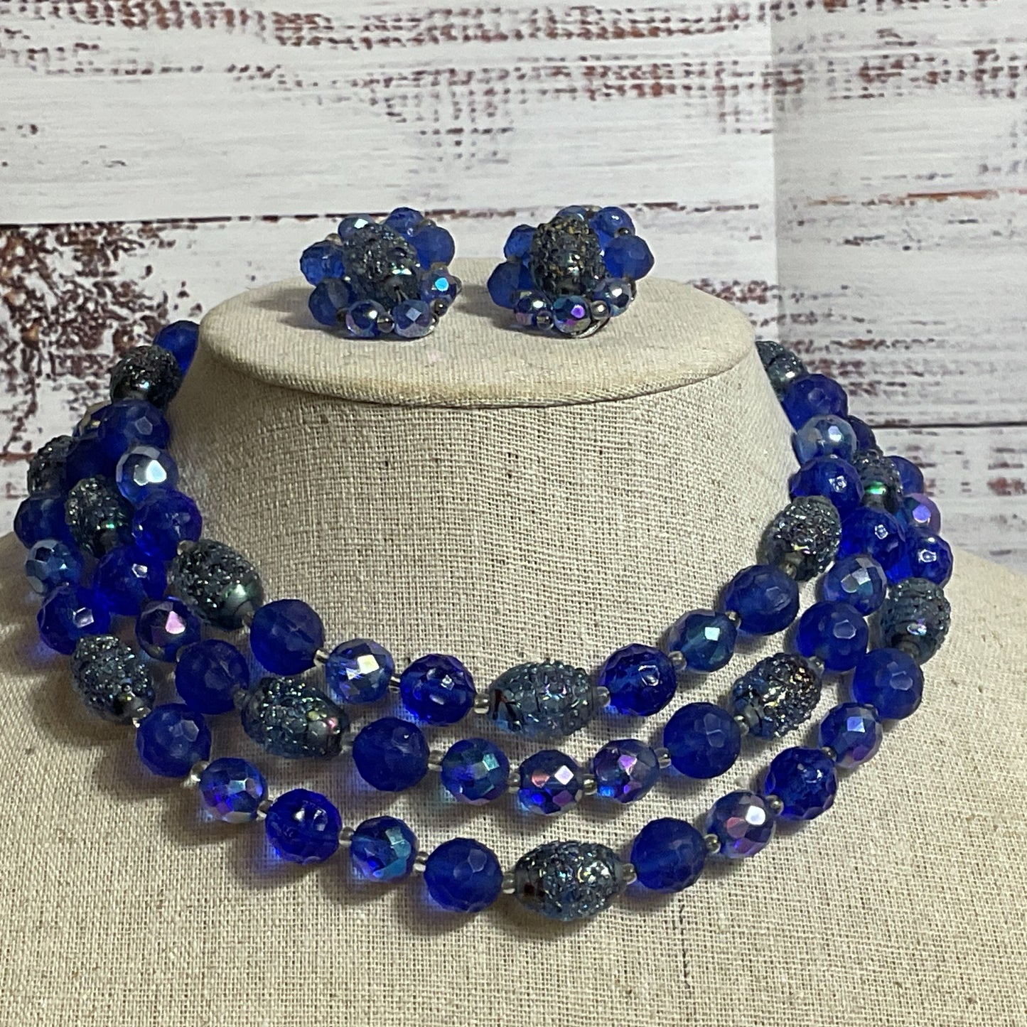 VTG. HENRY BOGOFF Blue Glass Beaded 3 Strand Necklace & Earring Set- 16"
