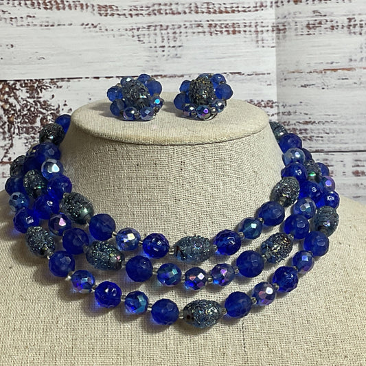 VTG. HENRY BOGOFF Blue Glass Beaded 3 Strand Necklace & Earring Set- 16"