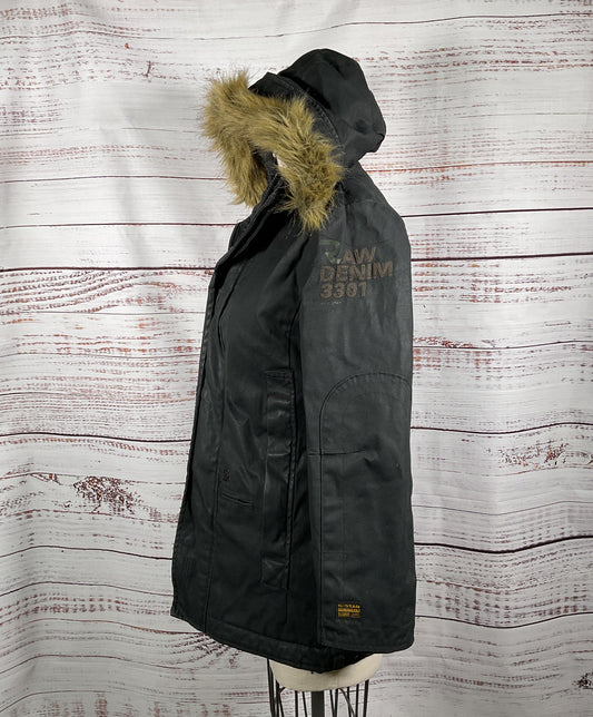 G-Star RAW Black Zip-Up Mid Length Coat with Fur Trim Hood - Size Medium