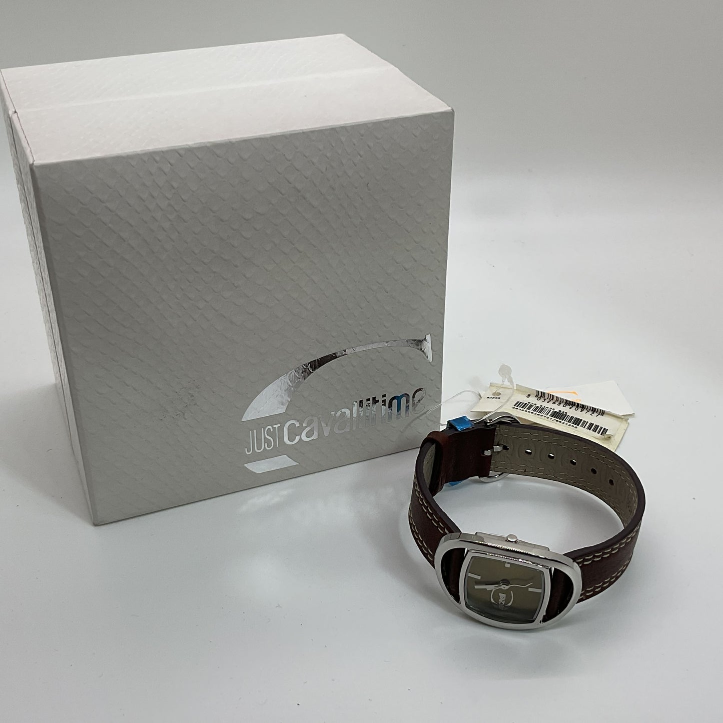 NEW JUST CAVALLI Time Silver Tone & Brown Leather Band Watch