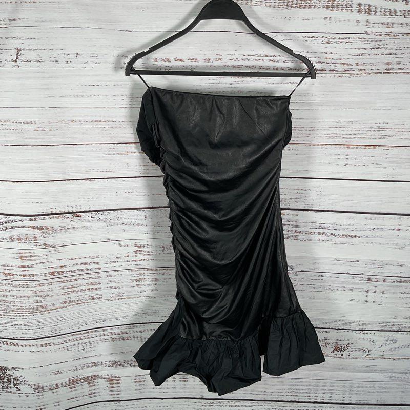 Pinko Black Faux Leather Ruffle Trim Strapless Mini Dress - Size 2