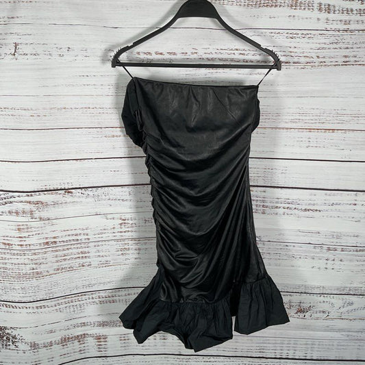 Pinko Black Faux Leather Ruffle Trim Strapless Mini Dress - Size 2