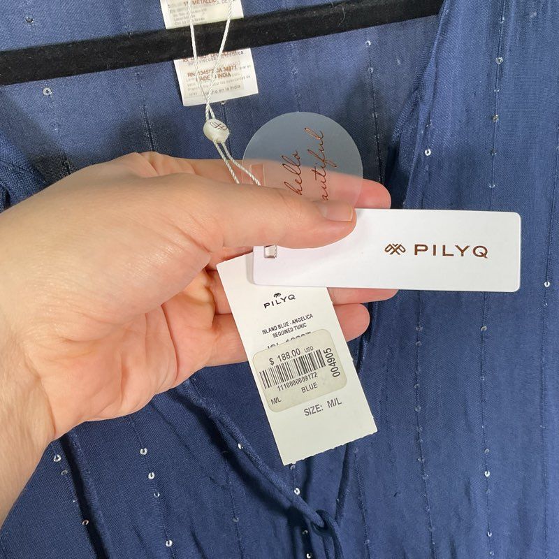 NWT Pilyq Angelica Sheer Island Blue Sequined Tunic Mini Dress - Size M/L