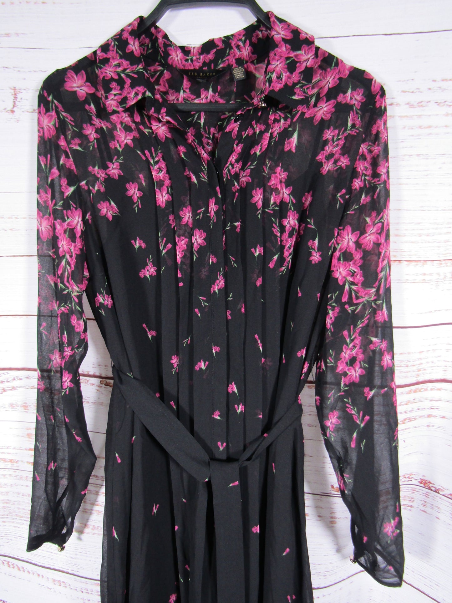 Ted Baker Seffie Women's Black Floral Pleated Chiffon Dress Size 4