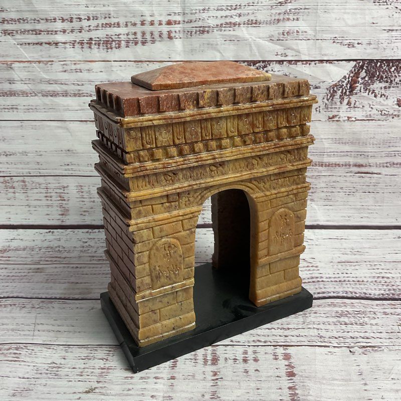 Handmade Indian Soapstone Arc De Triomph 7" Model On Black Stand