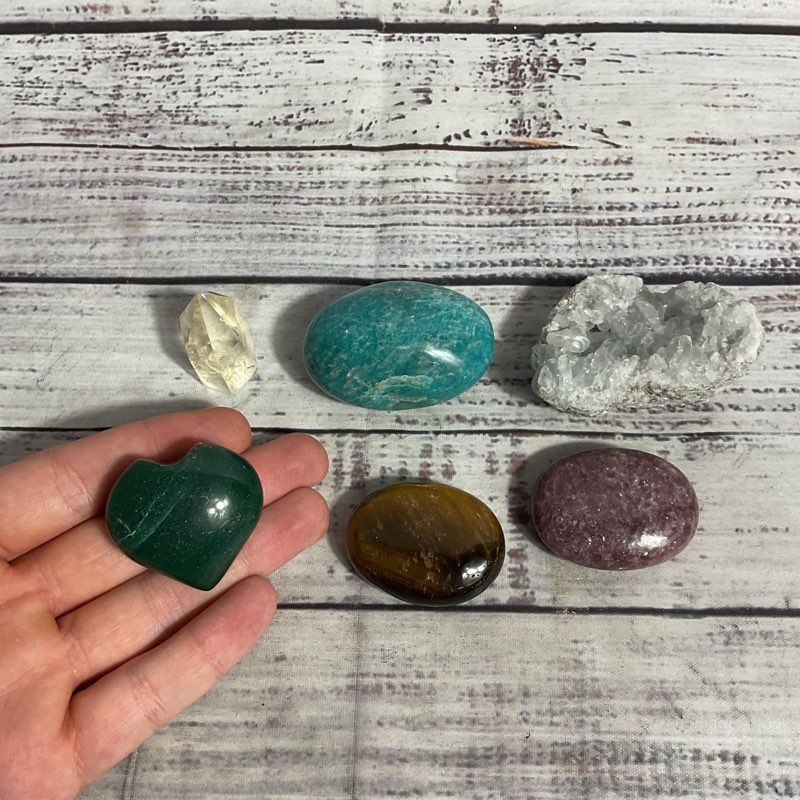 Lot of 6 Unique Healing Crystal Palm Stones Amazonite Tiger Eye Celestite Quartz