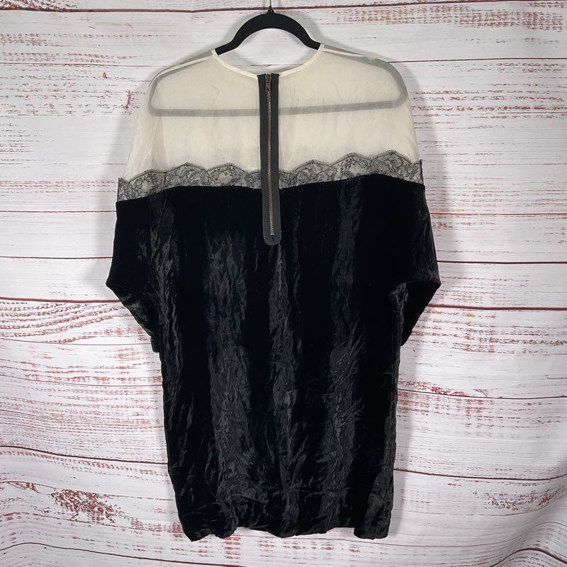 Stella Mccartney Black Velvet Sheer Top Lace Detail 3/4 Sleeve Mini Dress Size 4