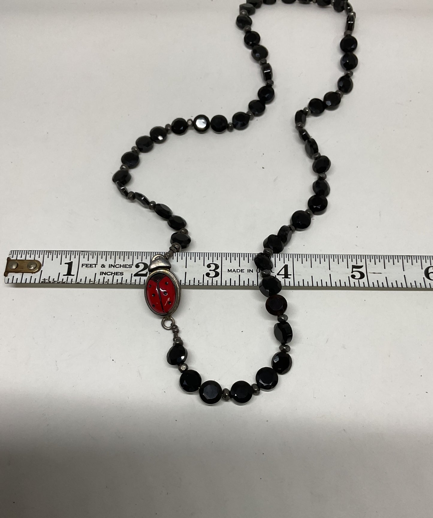 Black Beaded Sterling Silver Ladybug Clasp Vintage Necklace