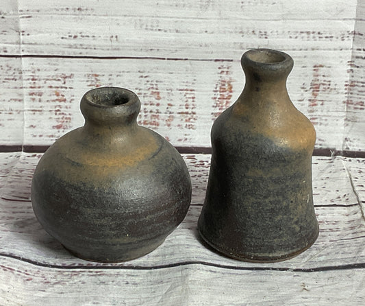 Vintage Handmade Set of 2 Small Bud Vases Dark Brown